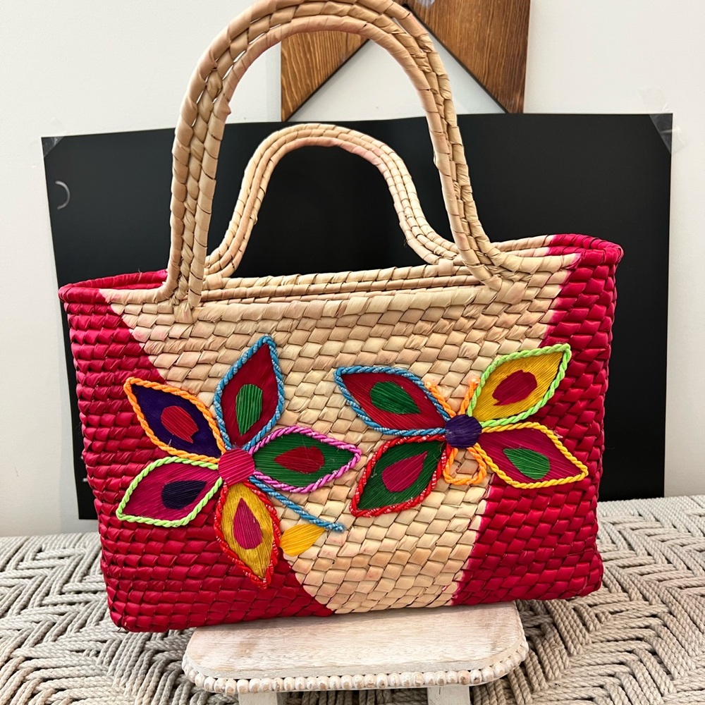 Hand Made From Palm Trees Colorful Woven Tote Bag